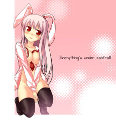 Rule 34 | 1girl, animal ears, blush, bottomless, breasts, english text, female focus, large breasts, long hair, necktie, nu (plastic eraser), open clothes, open shirt, rabbit ears, red eyes, red necktie, reisen udongein inaba, shirt, solo, thighhighs, touhou, undone necktie, white shirt