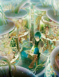Rule 34 | 1boy, ame (conronca), aquarium, blue hair, boots, bowl, cable, cross-laced footwear, fish, fishbowl, goldfish, green eyes, green hair, highres, jar, lace-up boots, lily pad, male focus, matching hair/eyes, mushroom, original, plant, sitting, solo, stasis tank, tube, water