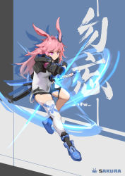 Rule 34 | 1girl, absurdres, blouse, blue footwear, boots, closed mouth, full body, gabafw, glowing, glowing sword, glowing weapon, hair between eyes, hair ornament, highres, holding, holding weapon, honkai (series), honkai impact 3rd, jacket, long hair, looking at viewer, pink hair, purple eyes, see-through, see-through shirt, sheath, sheathed, shirt, single thighhigh, sleeves rolled up, solo, thighhighs, v-shaped eyebrows, weapon, white shirt, white thighhighs, yae sakura, yae sakura (goushinnso memento)