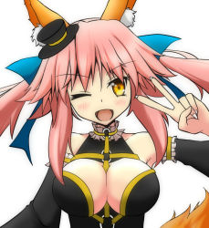 Rule 34 | 10s, 1girl, animal ears, bare shoulders, blush, breasts, cleavage, detached sleeves, fate/extra, fate (series), fingernails, fox ears, fox tail, hair ornament, hair ribbon, hat, large breasts, looking at viewer, official alternate costume, one eye closed, open mouth, pink hair, ribbon, simple background, solo, tail, tamamo no mae (fate/extra), tamamo no mae (sable mage) (fate), twintails, v, white background, winks, yellow eyes