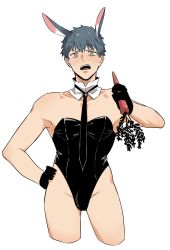 Rule 34 | 1boy, alternate costume, animal ears, bara, black necktie, blush, bow, bowtie, bulge, carrot, cropped legs, crossdressing, detached collar, embarrassed, fate/grand order, fate (series), food, highres, holding, holding food, itokon300, leotard, male focus, male playboy bunny, necktie, rabbit boy, rabbit ears, saitou hajime (fate), short hair, solo, strapless, strapless leotard, thighs, white background
