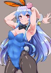 Rule 34 | 1girl, absurdres, animal ears, armpits, arms up, black bow, black bowtie, blue hair, blue leotard, bow, bowtie, breasts, cleavage, closed mouth, cowboy shot, food, fruit, grey background, highres, hinanawi tenshi, leotard, long hair, medium breasts, momongaso (twitter artist), navel, pantyhose, peach, playboy bunny, rabbit ears, rabbit tail, red eyes, simple background, smile, solo, standing, tail, touhou, wrist cuffs