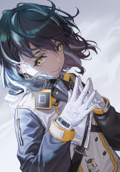 Rule 34 | 1girl, arknights, bird, bird mask, black hair, coat, commentary, earrings, fingers together, gloves, hair between eyes, highres, holding, jewelry, charm (object), magallan (arknights), mask, mask around neck, multicolored hair, short hair, sideways glance, silver hair, single earring, smile, solo, strap, streaked hair, emperor (arknights), ttk (kirinottk), two-tone hair, upper body, white coat, white gloves, winter clothes, winter coat, yellow eyes