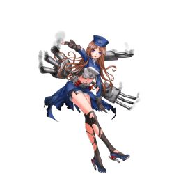 Rule 34 | 1girl, belt, black gloves, black thighhighs, blue coat, blue footwear, blue hat, blue shorts, breasts, broken, brown hair, buttons, cannon, coat, cross, damaged, eyebrows, full body, gloves, hat, high heels, infukun, iron cross, koln (warship girls r), long hair, looking at viewer, machinery, midriff, military hat, navel, official art, open mouth, outstretched arm, pointing, purple eyes, shoes, shorts, smoke, solo, star (symbol), thighhighs, torn clothes, torpedo, transparent background, turret, warship girls r