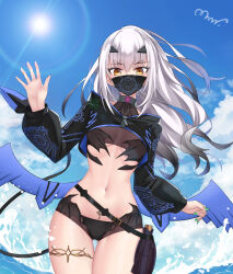 Rule 34 | 1girl, bikini, black bikini, black jacket, blue sky, breasts, cropped jacket, dragon wings, fate/grand order, fate (series), forked eyebrows, high ponytail, jacket, long hair, long sleeves, looking at viewer, mask, melusine (fate), melusine (swimsuit ruler) (fate), melusine (swimsuit ruler) (first ascension) (fate), mouth mask, mrnn, nail polish, navel, shrug (clothing), sidelocks, sitting, sky, small breasts, solo, stomach tattoo, swimsuit, tail, tattoo, thighlet, thighs, white hair, wings, yellow eyes