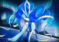 Rule 34 | absurdres, alternate color, aurora, blue hair, closed mouth, creatures (company), full body, game freak, gem (symbol), gen 2 pokemon, highres, legendary pokemon, lex suri12, looking at viewer, mountain, night, night sky, nintendo, no humans, pokemon, pokemon (creature), red eyes, ripples, shiny pokemon, sky, solo, star (sky), starry sky, suicune, toes