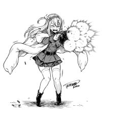 Rule 34 | 1girl, animal ears, ankle boots, belt, blush, boots, bullet, buttons, cape, cape lift, closed eyes, coat, finnish clothes, firing, girls&#039; frontline, greyscale, gun, hair ornament, headband, long hair, military coat, monochrome, muzzle flash, open mouth, rabbit ears, sidelocks, signature, skirt, snowflake hair ornament, solo, striped clothes, striped skirt, submachine gun, suomi (girls&#039; frontline), suomi kp/-31, sweat, sweatdrop, tachibana roku, thighhighs, weapon