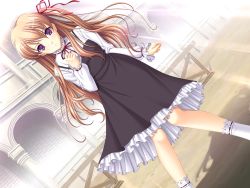 Rule 34 | 10s, 1girl, blush, brown hair, buttons, clenched hands, dress, dutch angle, flat chest, frills, game cg, hair between eyes, hair ribbon, komori kei, lace, lace-trimmed legwear, lace trim, legs, light brown hair, light rays, long hair, long sleeves, looking at viewer, mireille maresse ascot, mireille marres ascot, neck ribbon, one side up, petticoat, purple eyes, ribbon, ribbon trim, robbon, shadow, socks, solo, standing, sunbeam, sunlight, very long hair, walkure romanze, white socks