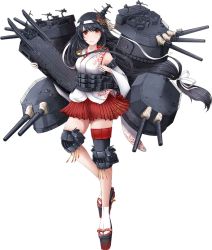 Rule 34 | 1girl, black hair, cannon, closed mouth, detached sleeves, flight deck, floral print, full body, fusou (kancolle), fusou kai ni (kancolle), hair ornament, hair ribbon, hand up, headband, hull shoes, japanese clothes, kantai collection, kanzashi, kimono, knee pads, legs, long hair, looking at viewer, miniskirt, nontraditional miko, okobo, pleated skirt, ponytail, red eyes, ribbon, rigging, rikka (rikka331), sandals, skirt, solo, tabi, tassel, thigh strap, transparent background, turret, very long hair, white ribbon, wide sleeves