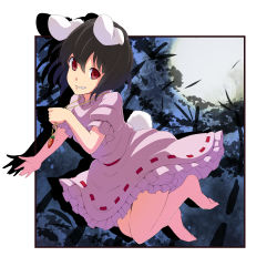 Rule 34 | 1girl, animal ears, bad id, bad pixiv id, barefoot, black hair, bloomers, carrot, carrot necklace, dress, feet, female focus, grin, highres, inaba tewi, jewelry, jumping, moon, necklace, pendant, pink dress, rabbit ears, rabbit girl, rabbit tail, red eyes, smile, solo, tail, toe scrunch, toes, touhou, tsuttsu, underwear