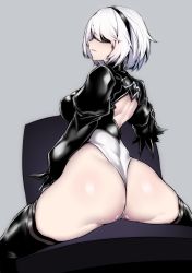 Rule 34 | 1girl, absurdres, ass, black blindfold, black dress, black hairband, blindfold, covered eyes, dress, female focus, gggg, hairband, highres, long sleeves, nier (series), nier:automata, parted lips, shiny clothes, shiny skin, short hair, simple background, solo, thighhighs, white hair, 2b (nier:automata)