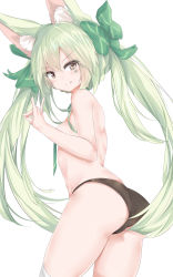 Rule 34 | 1girl, :q, absurdres, animal ear fluff, animal ears, art556 (girls&#039; frontline), ass, black panties, blush, bow, breasts, brown eyes, closed mouth, commentary, convenient arm, fox ears, fox shadow puppet, girls&#039; frontline, green bow, green hair, hair between eyes, hair bow, head tilt, highres, long hair, looking at viewer, looking to the side, panties, ru zhai, shoulder blades, simple background, small breasts, smile, solo, thighhighs, tongue, tongue out, topless, twintails, underwear, underwear only, very long hair, white background, white thighhighs