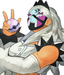 Rule 34 | 1girl, absurdres, akumesik, black headwear, buttons, clothing cutout, colored eyelashes, creatures (company), detached sleeves, eri (pokemon), facepaint, game freak, grey hair, hand up, heal ball, highres, holding, holding poke ball, long hair, long sleeves, looking at viewer, muscular, muscular female, nintendo, no eyebrows, poke ball, pokemon, pokemon sv, side cutout, simple background, solo, star (symbol), team star, teeth, tiara, white background, white eyes, white sleeves