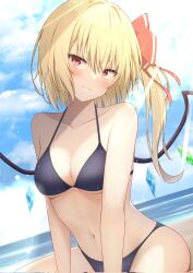 1girl beach bikini blonde_hair blush breasts collarbone commentary_request crystal flandre_scarlet hat highres long_hair midriff mob_cap one_side_up red_eyes ribbon short_hair side_ponytail small_breasts smile solo swimsuit szl touhou wings