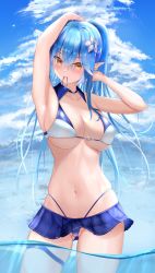 Rule 34 | 1girl, absurdres, adjusting hair, bad id, bad pixiv id, bikini, blue bikini, blue hair, blush, breasts, cleavage, day, flower, flower on head, gluteal fold, hair flower, hair ornament, hair tie in mouth, highleg, highleg bikini, highres, hololive, huge filesize, in mouth, in water, large breasts, legs apart, long hair, looking at viewer, miniskirt, moubokobokodayo, mouth hold, navel, o-ring, o-ring bikini, o-ring top, outdoors, pointy ears, ponytail, seductive smile, skirt, smile, solo, swimsuit, thick thighs, thigh strap, thighs, thong bikini, underboob, virtual youtuber, wading, water, wet, yellow eyes, yukihana lamy