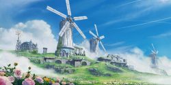 Rule 34 | arch, architecture, building, cloud, commentary, commentary request, english commentary, fantasy, flower, fog, grass, mixed-language commentary, moss, no humans, original, outdoors, scenery, sky, tenca arts, tower, windmill