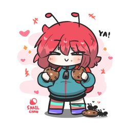 Rule 34 | &gt; &lt;, +++, 1girl, animal, ant, antennae, backpack, bag, black skirt, blue jacket, blush, bug, chibi, closed eyes, closed mouth, commentary request, cookie, facing viewer, food, full body, heart, highres, holding, holding food, insect, jacket, long sleeves, multicolored hair, original, pink background, pink hair, puffy long sleeves, puffy sleeves, purple footwear, red hair, shadow, shoes, skirt, smile, solo, standing, striped clothes, striped thighhighs, thighhighs, thighhighs pull, two-tone background, two-tone hair, uni souchou, white background