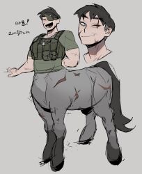 Rule 34 | 1girl, arm behind back, black hair, centaur, closed eyes, closed mouth, commentary request, dog tags, eyepatch, facing viewer, green shirt, grey background, highres, hooves, kimsuseu, korean commentary, korean text, load bearing vest, monster girl, multiple views, open mouth, original, scar, scar across eye, scar on arm, scar on face, scar on leg, shirt, short hair, simple background, smile, standing, tactical clothes, taur, translation request, undercut, very short hair