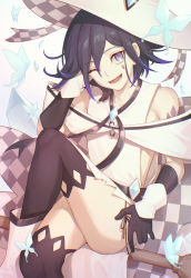Rule 34 | 1boy, :d, alternate costume, ankle boots, bare shoulders, black gloves, black hair, black thighhighs, boots, broom, bug, butterfly, checkered clothes, checkered headwear, collarbone, commentary request, crossed legs, danganronpa (series), danganronpa v3: killing harmony, ewa (seraphhuiyu), gem, gloves, hair between eyes, hat, highres, insect, looking at viewer, lower teeth only, male focus, one eye closed, open mouth, oma kokichi, purple eyes, purple hair, ribbon, sitting, smile, solo, tattoo, teeth, thighhighs, trap, white footwear, witch hat