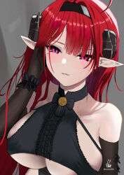 1girl azur_lane bare_shoulders black_horns breasts center_frills cross-laced_clothes cross-laced_top curled_horns demon_girl echo_(lowlow808) elbow_gloves frills gloves highres hindenburg_(azur_lane) horns large_breasts long_hair looking_at_viewer mole mole_under_eye pointy_ears purple_eyes red_hair scrunchie slit_pupils solo underboob upper_body wrist_scrunchie