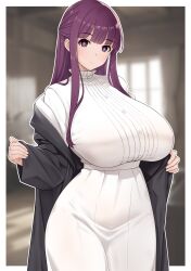 Rule 34 | 1girl, absurdres, black robe, blunt bangs, blurry, blurry background, border, breasts, buttons, closed mouth, cowboy shot, dress, fern (sousou no frieren), highres, huge breasts, long hair, looking at viewer, off shoulder, purple eyes, purple hair, robe, solo, sousou no frieren, very long hair, white border, white dress, wreath (lit)