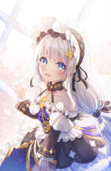 Rule 34 | 1girl, alternate costume, artist name, bare shoulders, black ribbon, blue eyes, blush, bow, collarbone, dress, flat chest, frilled dress, frilled hairband, frilled sleeves, frills, gothic lolita, hair bow, hair ornament, hairband, highres, honkai (series), honkai impact 3rd, lolita fashion, lolita hairband, long hair, long sleeves, looking at viewer, low twintails, nalukikiki, off-shoulder dress, off shoulder, open mouth, ribbon, sidelocks, silver hair, solo, tareme, theresa apocalypse, theresa apocalypse (celestial hymn), twintails, very long hair