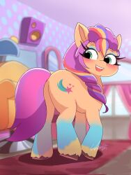 Rule 34 | blush, green eyes, highres, indoors, leo (leo19969525), looking at viewer, my little pony, open mouth, rug, signature, solo, speaker, sunny starscout, teeth, upper teeth only