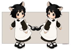 Rule 34 | 2girls, akai sashimi, animal ear fluff, animal ears, apron, artist name, black dress, black footwear, black hair, blush, cat ears, cat girl, cat tail, child, dress, female focus, intertwined tails, looking back, maid, maid apron, multiple girls, original, shoes, siblings, sleeves past wrists, standing, tail, twins