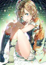 Rule 34 | 10s, 1girl, blue eyes, blush, bokura no live kimi to no life, boots, braid, brown hair, dsmile, hugging own legs, kosaka honoka, looking at viewer, love live!, love live! school idol project, md5 mismatch, open mouth, short hair, side braid, side ponytail, sitting, skirt, smile, solo, sparkle