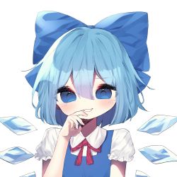 Rule 34 | 1girl, absurdres, blouse, blue bow, blue dress, blue eyes, blush, bow, bowtie, cirno, collared shirt, dress, grin, hair between eyes, hair bow, hand to own mouth, hand up, highres, ice, ice wings, looking at viewer, mangi5000, pinafore dress, puffy short sleeves, puffy sleeves, red bow, red bowtie, shirt, short hair, short sleeves, simple background, sleeveless dress, smile, solo, touhou, upper body, white background, white shirt, wing collar, wings