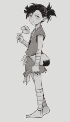 Rule 34 | 1girl, absurdres, bandaged arm, bandaged leg, bandages, black hair, child, commentary, dororo (character), dororo (tezuka), flat chest, florbetriz, flower, full body, greyscale, hand up, highres, holding, holding flower, looking at viewer, monochrome, parted lips, short hair, solo, standing