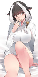 Rule 34 | 1girl, animal ears, artist logo, black hair, blush, borrowed character, breasts, brown eyes, collared shirt, commentary, convenient leg, dress shirt, eyelashes, feet out of frame, furrowed brow, hair bobbles, hair intakes, hair ornament, highres, jjune, knee up, large breasts, long sleeves, looking to the side, medium hair, multicolored hair, original, puckered lips, shirt, signature, silver hair, simple background, sitting, solo, sweat, sweatdrop, thighs, twintails, two-tone hair, v over mouth, white background, white shirt, wing collar