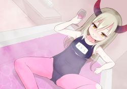 Rule 34 | 1girl, bath, bathtub, blonde hair, blue one-piece swimsuit, blush, cameltoe, cup, demon girl, demon horns, drinking glass, dutch angle, emma august, fukami (aoiro hakkyou diode), hair between eyes, holding, holding cup, horns, long hair, name tag, nijisanji, old school swimsuit, one-piece swimsuit, school swimsuit, smirk, smug, solo, spread legs, swimsuit, virtual youtuber, wine glass, yellow eyes