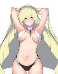 Rule 34 | 1girl, adapted costume, armpits, arms up, bikini, blonde hair, blush, body blush, breasts, breasts apart, collarbone, commentary request, cowboy shot, creatures (company), dean (momodean), diagonal bangs, game freak, green eyes, hands in hair, highres, long hair, looking at viewer, lusamine (pokemon), medium breasts, navel, nintendo, parted lips, pokemon, pokemon sm, smile, solo, stomach, straight hair, swimsuit, thigh gap, very long hair, white bikini