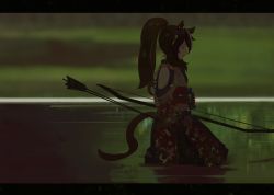 Rule 34 | 1girl, absurdres, animal ears, arrow (projectile), bow (weapon), brown hair, closed eyes, closed mouth, commentary, from side, highres, horse ears, horse tail, japanese clothes, kimono, letterboxed, long hair, long sleeves, nicporim, official alternate costume, ponytail, profile, solo, symboli rudolf (archer of the white moon) (umamusume), symboli rudolf (umamusume), tail, umamusume, wading, water, weapon