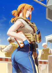 Rule 34 | 1girl, 2boys, absurdres, armpits, arms at sides, ass, assault rifle, blue eyes, blue gloves, blue sky, blurry, blurry background, braid, breasts, closed mouth, feet out of frame, from side, glasses, gloves, gun, highres, holding, holding gun, holding weapon, large breasts, long hair, looking at viewer, m16, m16a4, multiple boys, orange hair, original, outdoors, pantylines, pocket, qr code, rifle, short sleeves, sidelocks, sky, smile, solo focus, standing, sunglasses, weapon, zuoteng lucha