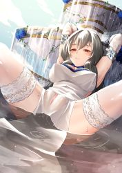 Rule 34 | 1girl, armband, arms behind head, arms up, azur lane, bra, breasts, dress, feet out of frame, fountain, grey hair, hair between eyes, highres, lace, lace-trimmed bra, lace-trimmed legwear, lace trim, large breasts, looking at viewer, official alternate costume, open mouth, parted lips, pointy breasts, pussy, red eyes, saint-louis (azur lane), saint-louis (holy knight&#039;s resplendence) (azur lane), see-through, see-through dress, shiny skin, shiryuu akira, sitting, sky, solo, spread legs, thigh strap, underwear, water, wet, wet clothes, white dress