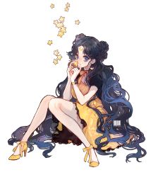 Rule 34 | 1girl, artist name, barcode, bishoujo senshi sailor moon, black hair, blue eyes, bow, crescent, crescent earrings, crescent facial mark, dress, earrings, facial mark, female focus, flower, flower bracelet, forehead mark, full body, jewelry, lace, lace-trimmed dress, lace trim, long hair, looking at viewer, luna (sailor moon), luna (sailor moon) (human), ribbon, ryoyell, simple background, sitting, solo, star (symbol), transparent background, very long hair, wavy hair, white background