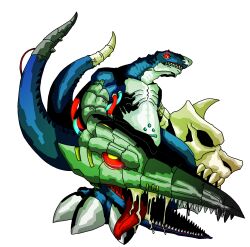Rule 34 | deltamon, digimon, digimon (creature), highres, open mouth, red eyes, sharp teeth, skull, solo, tail, teeth, tongue, tongue out
