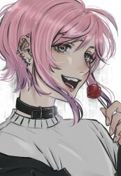 Rule 34 | 1boy, :d, absurdres, amemura ramuda, anajudraws, belt collar, blue eyes, candy, collar, ear piercing, food, hair ornament, hairclip, highres, hypnosis mic, lollipop, male focus, open mouth, piercing, pink hair, short hair, smile, solo, upper body, white background