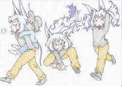 Rule 34 | 2girls, absurdres, animal ears, barefoot, blue hair, blue pants, blush, carrying, closed mouth, collar, commentary request, dog ears, dog girl, doitsuken, closed eyes, fangs, fangs out, grey footwear, grey shirt, hair tie, hair tie in mouth, highres, long hair, looking at viewer, mouse ears, mouse tail, mouth hold, multiple girls, on one knee, original, pants, piggyback, profile, red eyes, scan, shirt, shoes, sleeping, slit pupils, smile, spiked collar, spikes, tail, traditional media, tying hair, walking, yellow pants, zzz