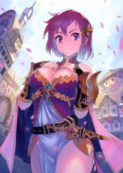 Rule 34 | 1girl, bare shoulders, belt, breasts, cape, cleavage, dagger, detached sleeves, felix (felix901123), hair ornament, hands on own chest, knife, large breasts, looking at viewer, original, pelvic curtain, petals, pink eyes, pink hair, sheath, sheathed, short hair, smile, solo, standing, town, weapon