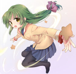 Rule 34 | 1girl, black pantyhose, blue skirt, blush, bow, clannad, commentary request, foreshortening, full body, green hair, grey background, hair between eyes, hair bow, hikarizaka private high school uniform, ibuki fuuko, jacket, leaning forward, long hair, long sleeves, looking at viewer, low-tied long hair, miniskirt, no shoes, open mouth, outstretched arms, pantyhose, pleated skirt, purple bow, sailor collar, sakura emi, school uniform, serious, simple background, skirt, solo, sparkle, starfish, v-shaped eyebrows, white sailor collar, yellow eyes, yellow jacket