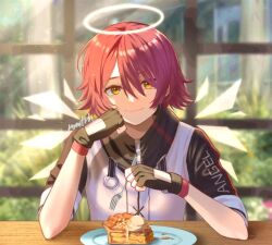 Rule 34 | 1girl, angel, apple pie, arknights, black gloves, blurry, blurry background, cheek rest, closed mouth, depth of field, detached wings, energy wings, exusiai (arknights), fingerless gloves, food, fork, gloves, hair between eyes, hair over one eye, halo, holding, holding fork, indoors, jacket, looking at viewer, memetaroh, pie, plate, pov, pov across table, red hair, short hair, signature, smile, solo, table, white jacket, wings, yellow eyes