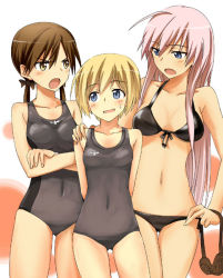 Rule 34 | 3girls, ahoge, arms behind back, bare shoulders, bikini, black bikini, blonde hair, blue eyes, blush, brown eyes, collarbone, crossed arms, erica hartmann, front-tie top, gertrud barkhorn, goggles, hand on another&#039;s shoulder, hanna-justina marseille, long hair, multiple girls, navel, one-piece swimsuit, open mouth, sandwich (artist), short hair, side-tie bikini bottom, silver hair, strike witches, sweatdrop, swimsuit, thigh gap, thighs, tsuchii (ramakifrau), twintails, witches of africa, world witches series