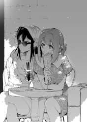 Rule 34 | 2girls, :3, collarbone, crossed legs, cup, drinking straw, foot out of frame, greyscale, hand on table, highres, holding, holding map, keyyan, kimi to shiranai natsu ni naru, luggage, map, megumi hinoto, monochrome, multiple girls, nishimiya haru, shadow, sitting, sunglasses, sunlight, swimsuit, swimsuit under clothes, table, wall
