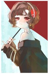 Rule 34 | 1girl, bare shoulders, black jacket, blue background, brown hair, closed mouth, commentary request, from side, headdress, highres, holding, holding umbrella, jacket, jewelry, light blush, long sleeves, looking at viewer, mihanada mui, necklace, off shoulder, red eyes, red umbrella, reverse:1999, schneider (reverse:1999), short hair, sleeves past wrists, solo, umbrella, upper body