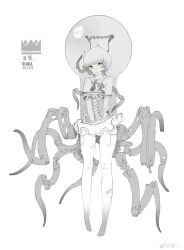 Rule 34 | 1girl, arms behind back, closed mouth, clothes writing, crop top, cropped shirt, crown (symbol), cyborg, dated, full body, highres, light bulb, liren44, looking at viewer, machine, mechanical legs, mechanical spine, mechanical tentacles, metal, miniskirt, monochrome, original, pleated skirt, sailor collar, science fiction, shirt, short hair, short sleeves, skirt, smile, solo, spot color, weibo logo, weibo watermark, what, yellow eyes