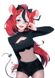 Rule 34 | 1girl, absurdres, animal ears, black hair, blackberry baelz, blue eyes, breasts, cleavage cutout, clothing cutout, hair between eyes, hair ornament, hakos baelz, highres, hololive, hololive english, long hair, looking at viewer, lucferz, mouse ears, mouse girl, mouse tail, multicolored hair, navel, open mouth, ponytail, red hair, shorts, small breasts, smile, solo, streaked hair, tail, virtual youtuber, white background, white hair