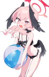 Rule 34 | 1girl, absurdres, ball, beachball, black feathers, blue archive, blush, cheenack, feathered wings, feathers, halo, head wings, highres, koharu (blue archive), koharu (swimsuit) (blue archive), leaning forward, long hair, looking at viewer, low wings, open mouth, pink eyes, pink hair, sidelocks, simple background, solo, standing, swimsuit, white background, wings